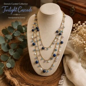 Layered Blue Beaded Necklace Gold Tone Multi Strand Boho Statement Necklace